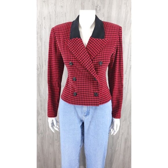 80's 90s Vintage Red & Black Houndstooth Blazer Crop Velvet Collar Clueless - Picture 3 of 6